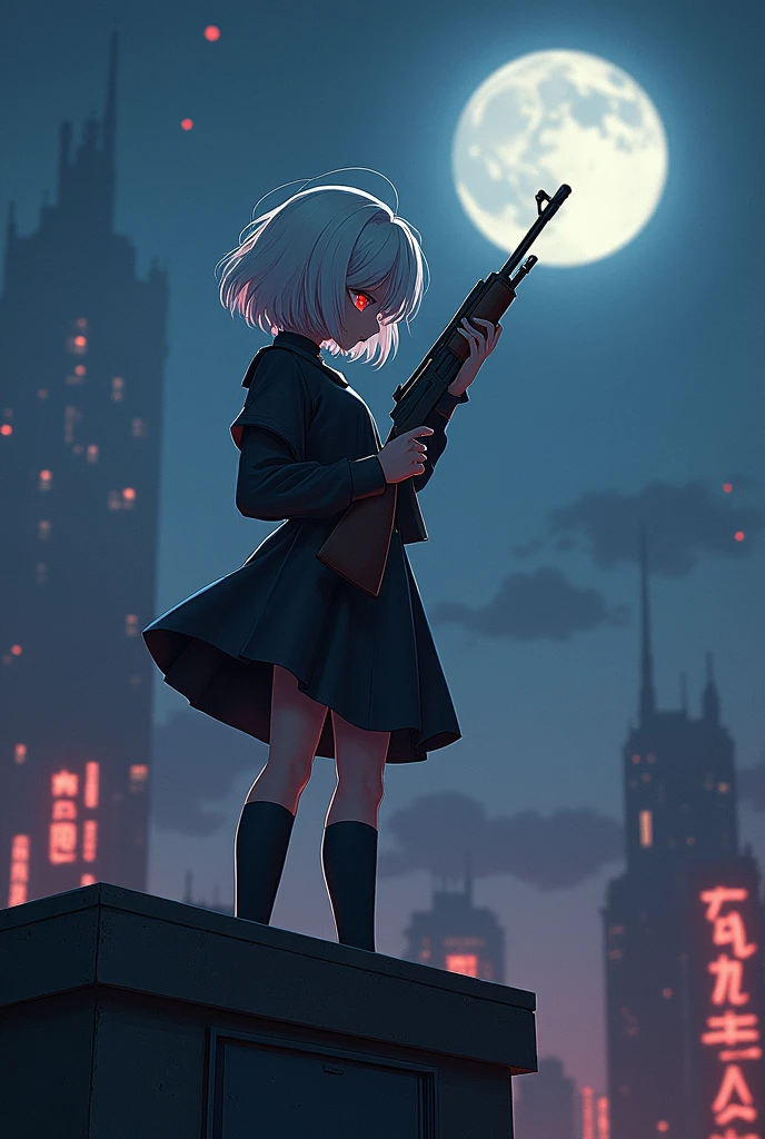 Woman, short white hair, red eyes, holding a rifle, on top a rooftop, under the moon