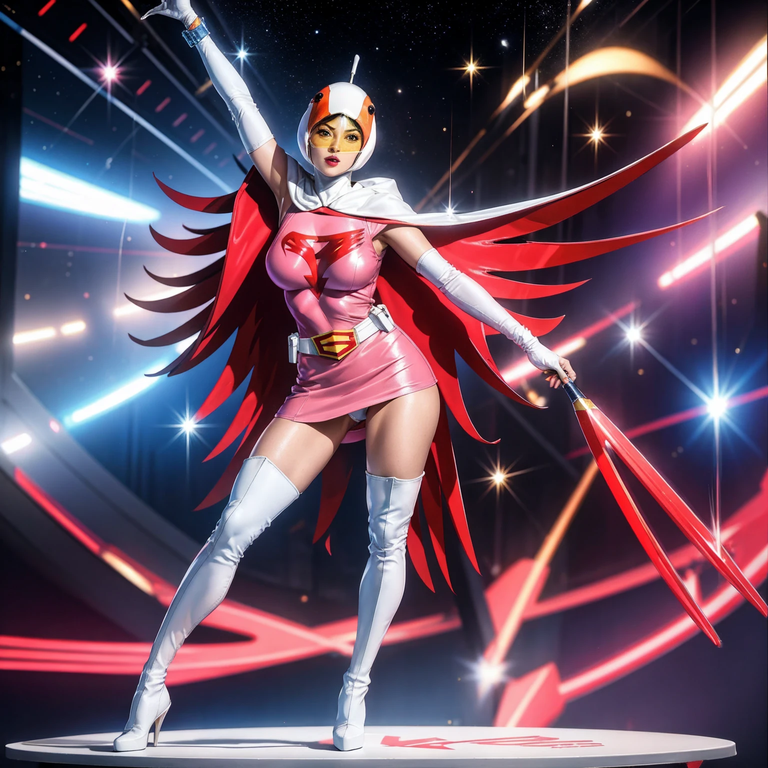 ANI_CLASSIC_jun_gatchaman_ownwaifu,1girl, yo,good anatomy, masterpiece, best quality,realistic, hyper realistic, 16k hdr, long hair,breasts,lips,large breasts,lipstick,makeup,gloves,cape,helmet,belt,elbow gloves,white gloves,mask,ultra miniskirt,leotard,spacesuit,white tight overknee highheels boots,pink dress,superhero,bodysuit,cleavage,erected nipples,(stand pose,front view),(spread legs:1.1),cameltoe