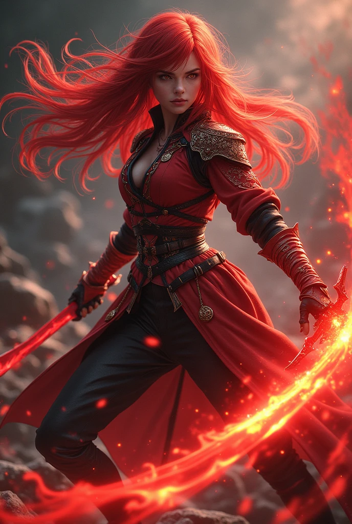 A Demon Slayer character like Zenistsu with crimson red hair, a user of the Star Breath and a red theme.