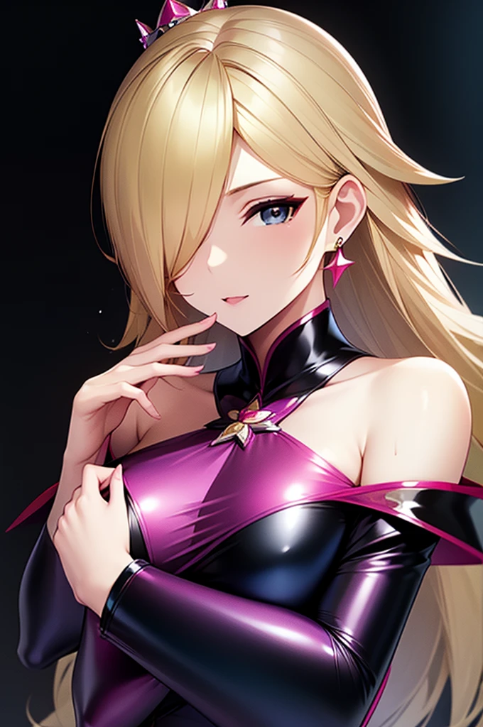 erotic、Rosalina、Blonde、tall、 mature, Married women, Pale pink and black sparkly sequin dress、Off the shoulder、邪evilな女戦闘員, Pink and black background, Pitch-dark bedroom, Dark Theme, evil, lure, excited, Condescending contempt, Lightly open your mouth、Sexy pose, Upper Body,