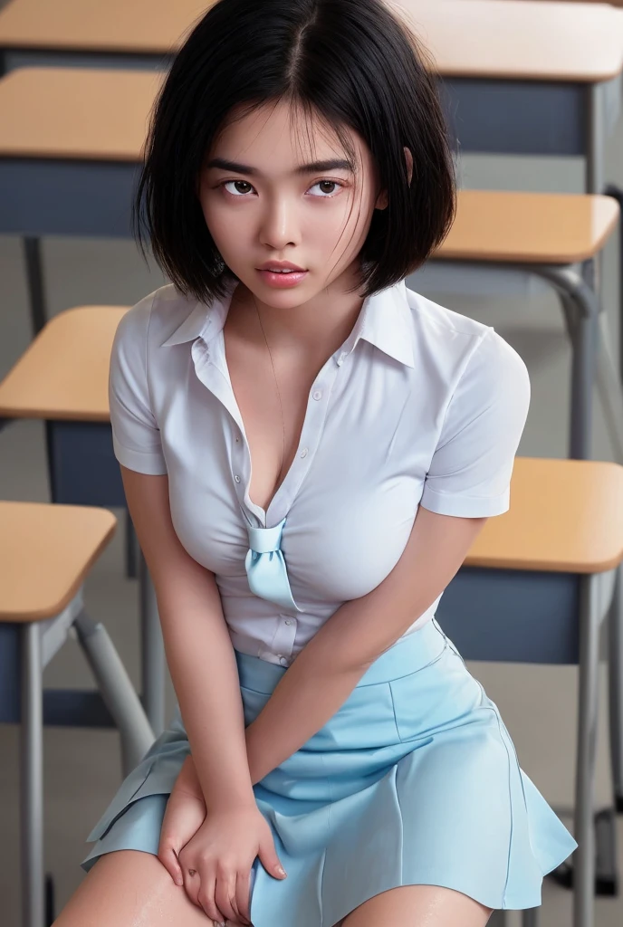 middle School girls、One person、Japanese、Black Haired Beautiful Girl、Bobcut、Baby Face、Crisp eyes、Naughty lips、Short-sleeved uniform、Blouse with white collar、Loosened tie、Collarbone in full view、A little bit of cleavage is visible、Light blue skirt、Sexy thighs、Inner thighs、Hide your arms behind your back、Slender body、Drenched in sweat、Looking up、Sit on a chair、classroom、Watching from above