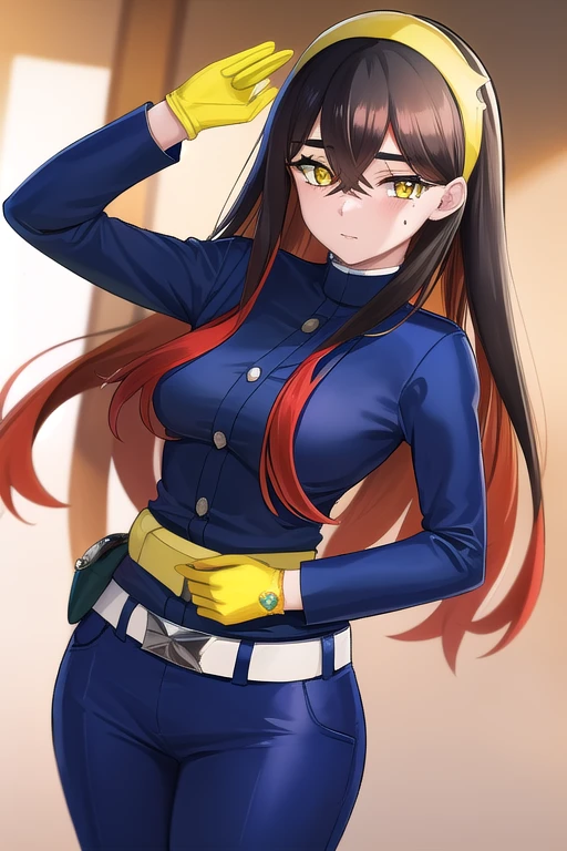 ultra-detailed,
master piece,best quality,high resolution,
beautiful eyes,detailed eyes,detailed face,
beautiful detailed eyes,symmetrical clear eyes,
1girl,pokemoncarmine, black hair, colored inner hair, crossed bangs, hair between eyes, hairband, long hair, mole, mole under eye, multicolored hair, red hair, sidelocks, two-tone hair, (yellow eyes:1.5), yellow hairband,
buttons, long sleeves, jacket, gloves, red gloves, tight pants, belt, blue pants, blue jacket,