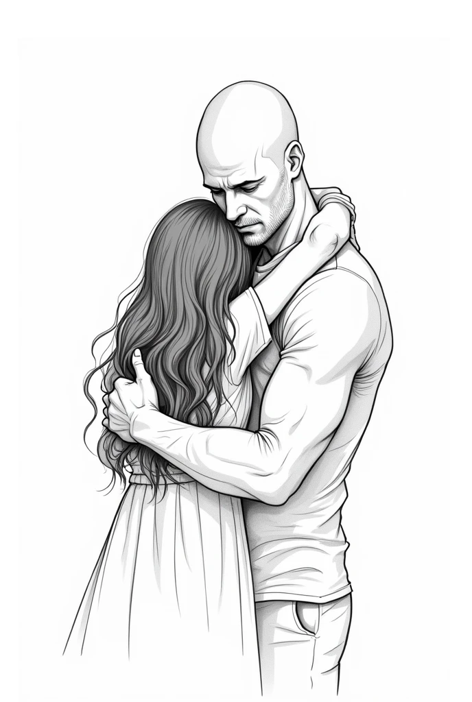 Black and white drawing of a bald father hugging his long wavy haired daughter (just their outline without details)