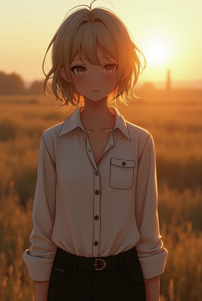 work of art, best qualityer, open air, Lens flare, Depth of field, 1 girl, standing alone, gazing at viewer, older, helenparr, moles, neck shirt, social shirt, buttons, black pants,sexly