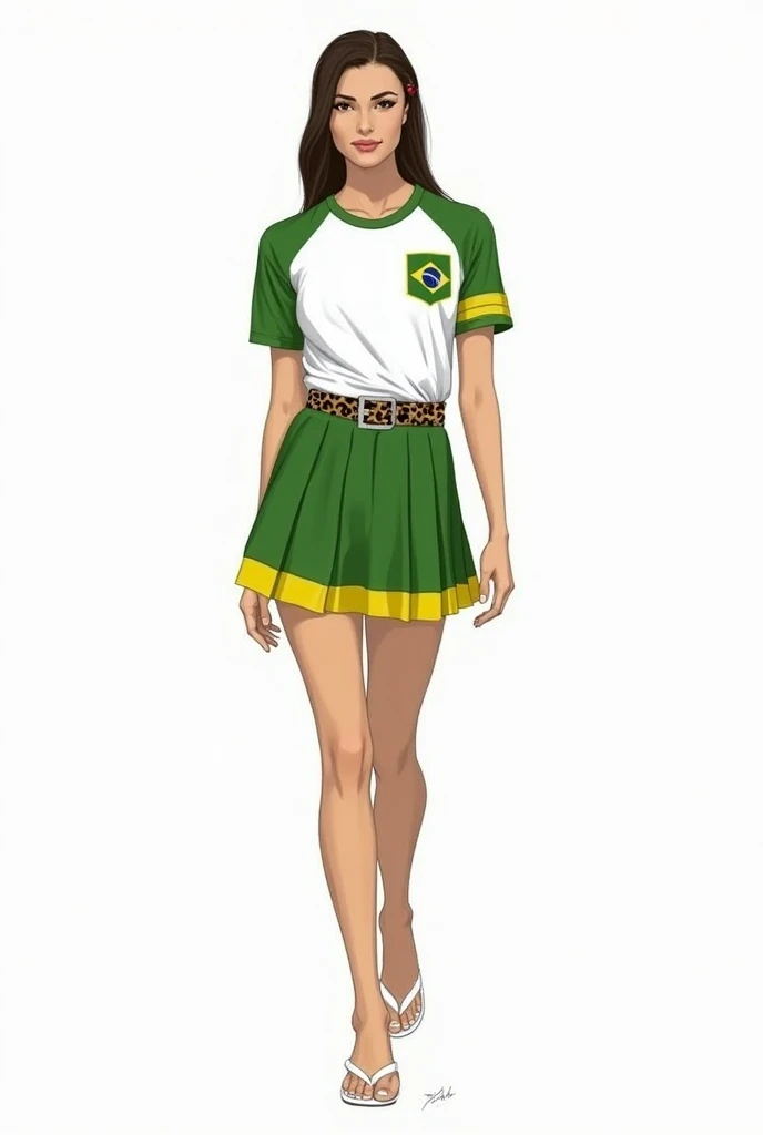 I would like a women&#39;s fashion sketch. I want a white  tee with matcha green details on the shoulders and sleeves in gradient with the white part. I still want a small Brazilian flag on the top left of the baby..
I would like a short pleated skirt in matcha green with a yellow hem.. I also want a leopard print belt and white flip flops on my feet..