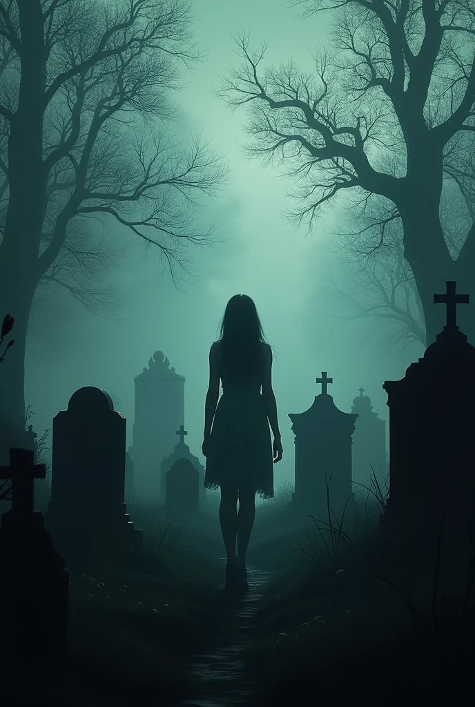 Make me a poster for a horror short film with a cemetery and a girl