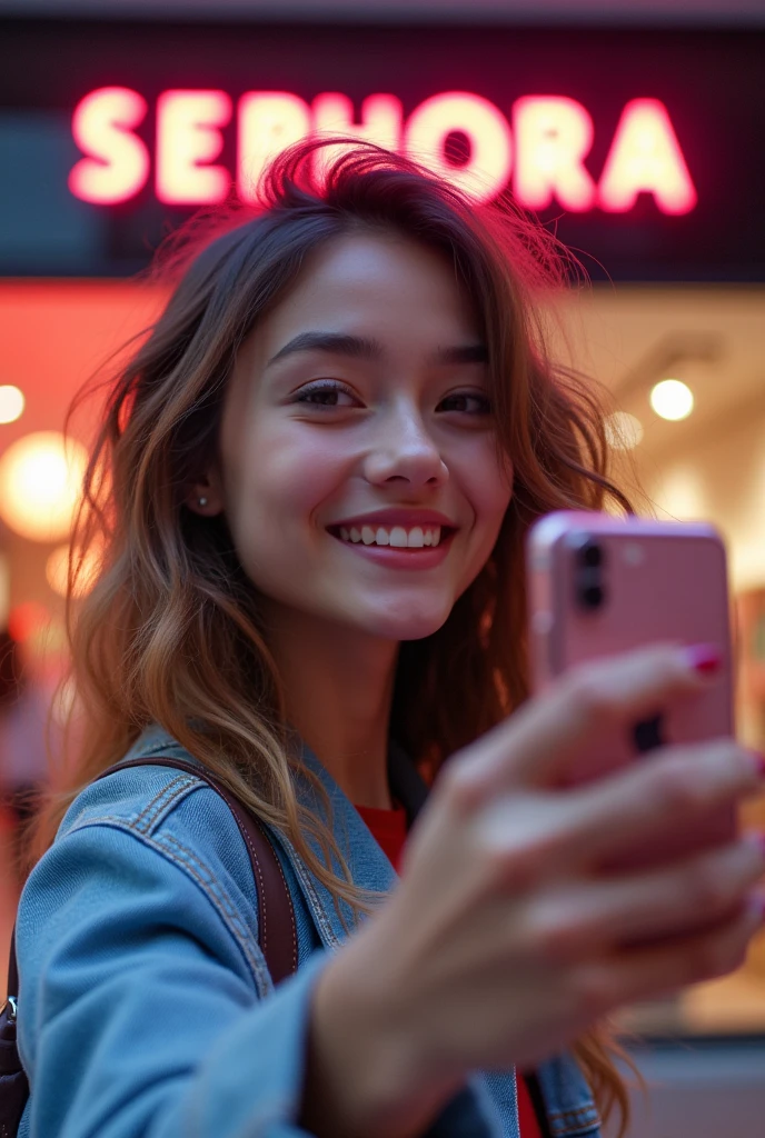 A 16 year old girl taking a selfie in front of Sephora