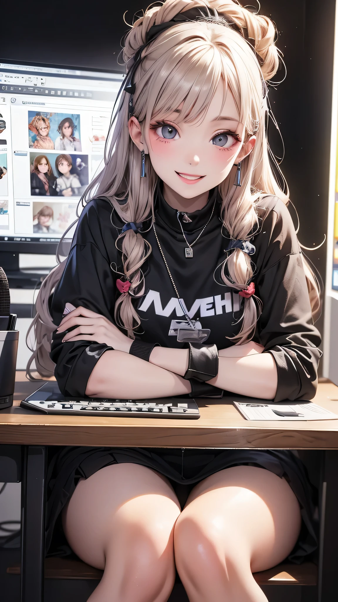 Woman sitting at desk, Twitch Streamer, Twitch Streamer/Gamer Ludwig, Be interviewed, An accurate portrait, Taking the lead with a smile, H3H3, With a happy expression, Precise Representation, In front of the computer, Trend Art, Shutterstock, Studio shot, Very expressive, Realistic Anime, Drawn,