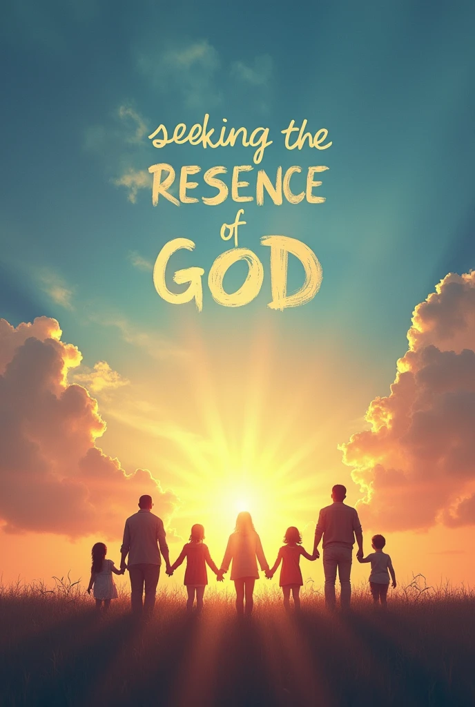 Family kneeling before the sky and letters above that say seeking the presence of God