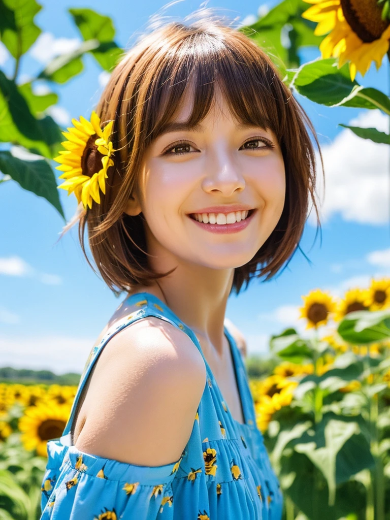 Best quality, ultra detailed, sunny, blue sky, beautiful lady, cute lady, smile ,Bob cut short hair, sunflowers, photo realistic