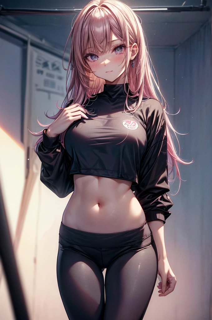 .Raw photo, masterpiece, best quality, ultra-detailed, high resolution, extremely detailed CG, unity 8k wallpaper, official art, production art, novel illustration, caustics, textile shading, super detailed skin, perfect anatomy, detailed, cinematic lighting, dynamic lighting, young and short adult woman, 21 years old, beautiful detailed eyes, (shiny alabaster skin), sexy smile,(nsfw:0.7), (Casual Sports Top and Leggings :1.5), (DD breasts), curvy and thick slim body, large buttocks, blonde, garter belt, Pretty starry pupiled eyes, long lashes, eye shadow, eyeliner, detailed eyes, beautiful eyes, full pink lips, short height(160cm), Two toned hairstyle(Astral colored hair) behind viewer, back shot, hips focus, short height(160cm)