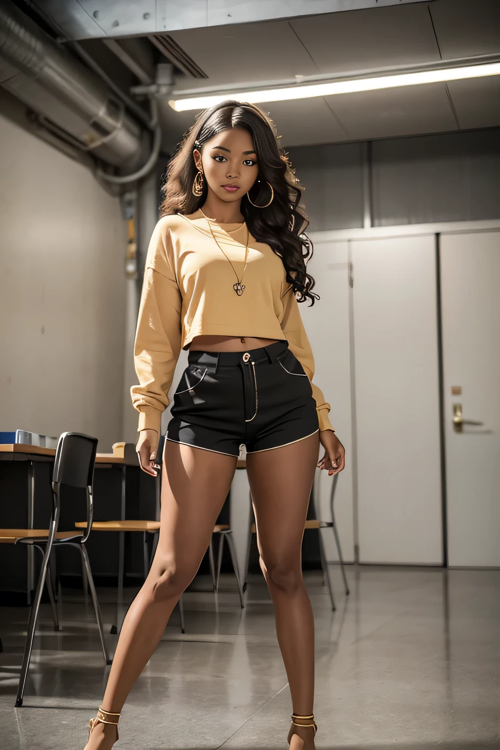 Masterpiece, high quality, high resolution, volumetric lighting, baby face, subsurface scattering, 8k, Beautiful woman, (dark skin), phillipino, college student, uniform, (yellow dress, jeans), wavy hair, headband, hoope earings, classroom, sexy pose, seductive pose, ((slim thick body:1.0)), thick thighs, round-butt, open mouth, big lips, screaming, orgasm, night time, eyes closed, Masterpiece, Professional lighting, 16k, 8k wallpaper, raw photo, photo-realistic:1.8, ultra detailed, natural lighting