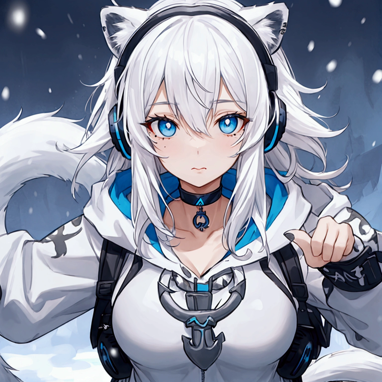 Woman, White Hair, Bangs, Messy Hair, Snow Leopard Ears, Snow Leopard Tail,Blue eyes, Slit Pupils, Mole Under Mouth, Anchor Choker, Headphones, Anatomically Correct, Accurate, Detail, HD, Hoodie,