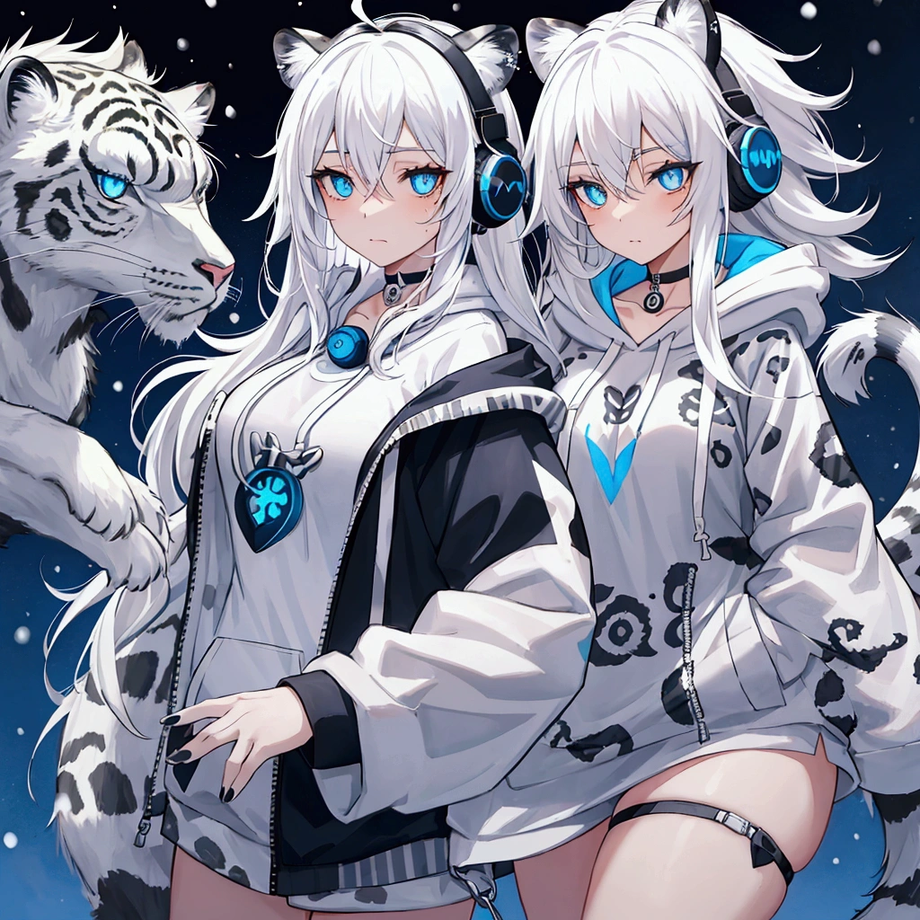 Woman, White Hair, Bangs, Messy Hair, Snow Leopard Ears, Snow Leopard Tail,Blue eyes, Slit Pupils, Mole Under Mouth, Anchor Choker, Headphones, Anatomically Correct, Accurate, Detail, HD, Hoodie,