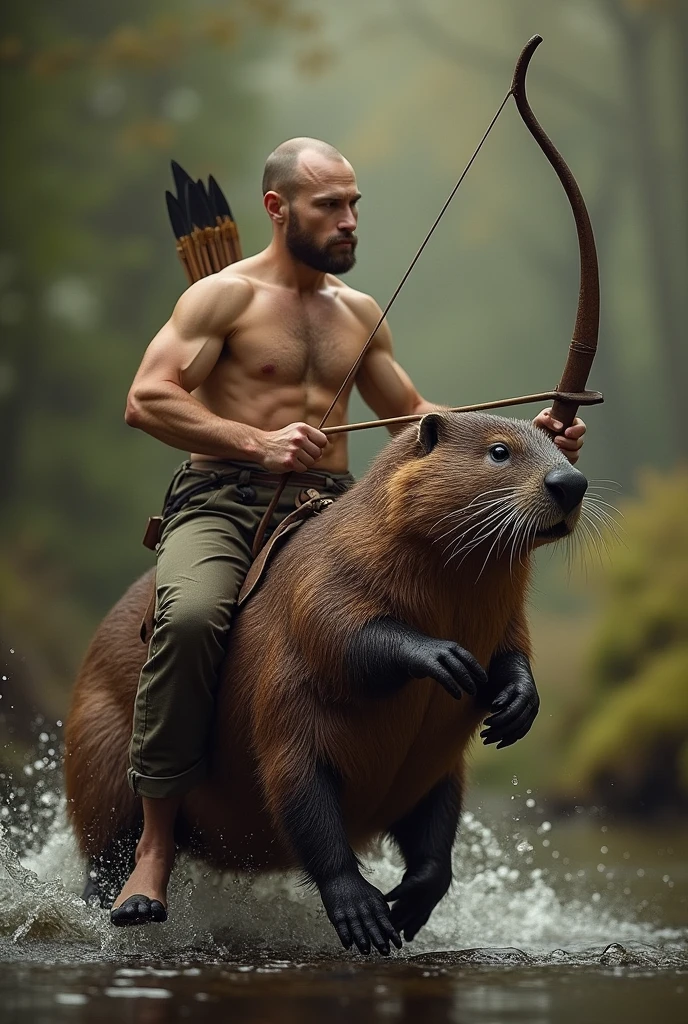 NAKED PUTIN with bow and arrow RIDING A beaver