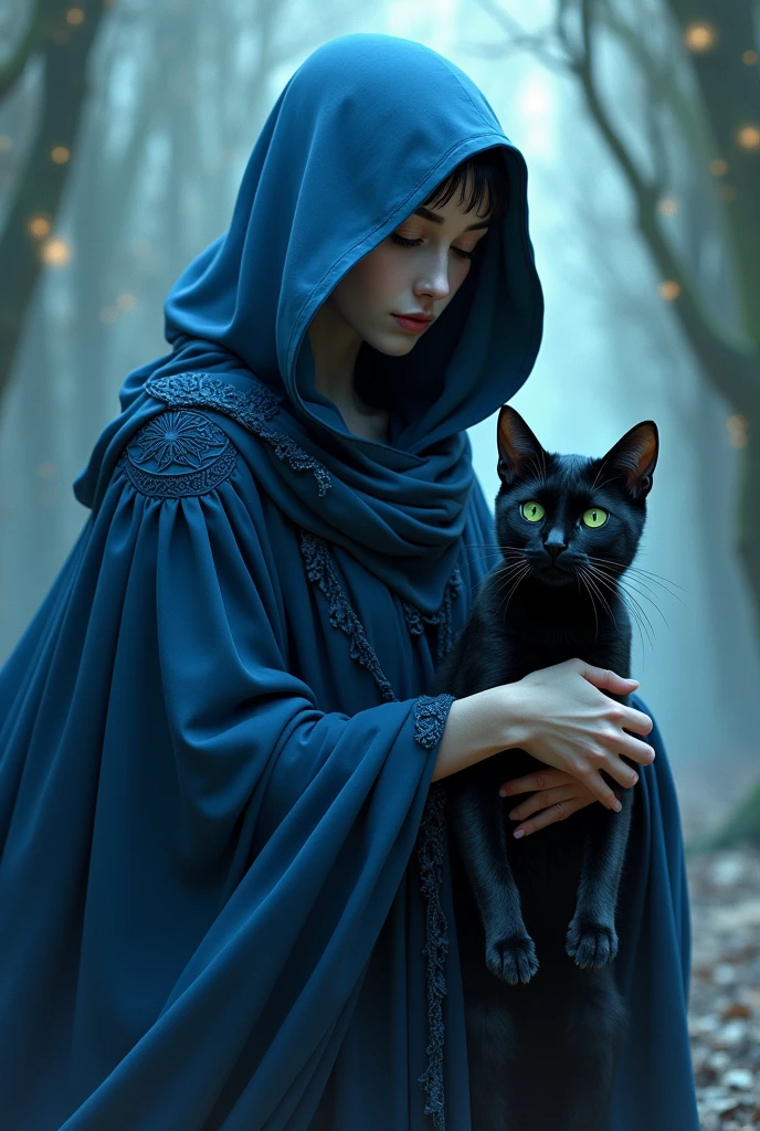 in blue hood and her black cat with green eyes
