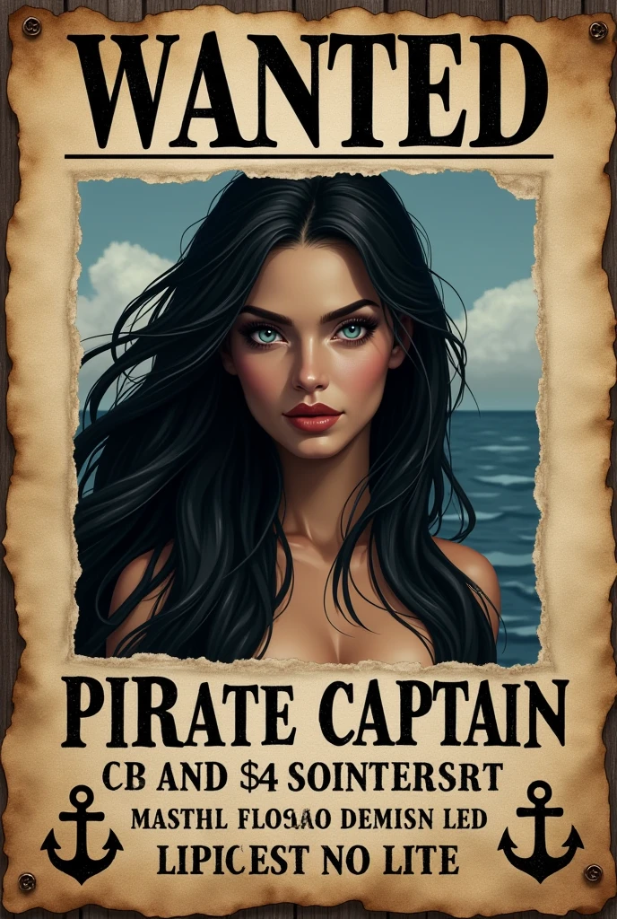 Make a wanted poster for a female pirate captain, black haired with a cash reward, and add silver eyes to the captain 

