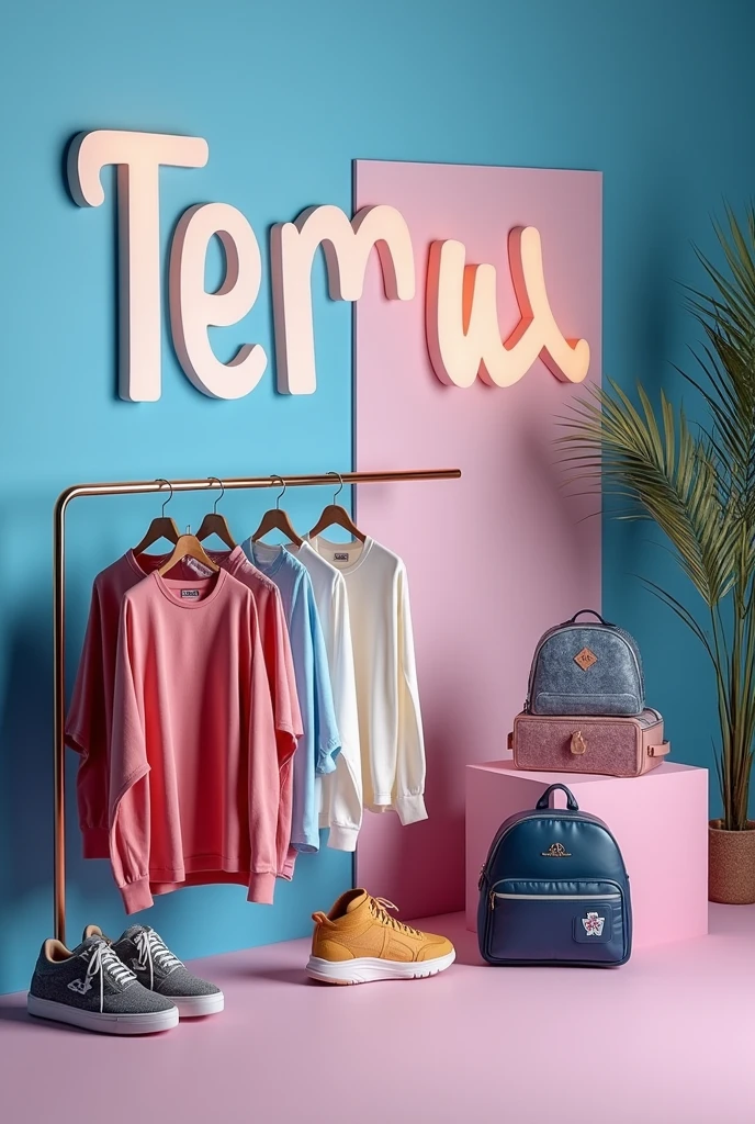 Make an image of temu where it says it is sold at store price without shipping cost. Make more images, include clothes in the image.