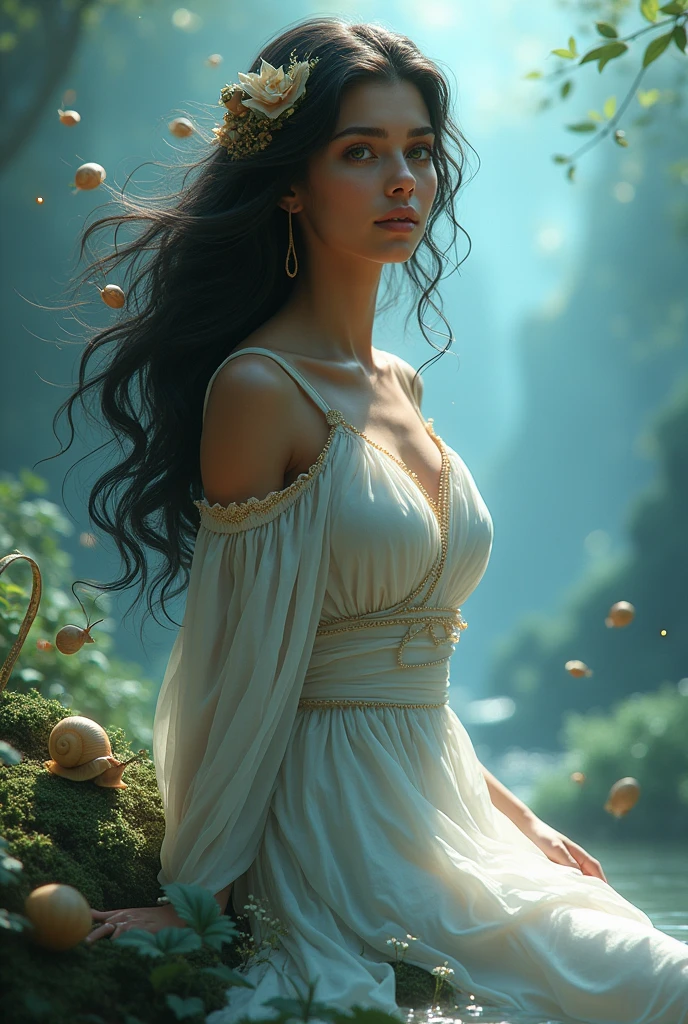 Mar, Goddess, long hair brunette, pieces, snails, force, can, smile, light blue dress, iemanja, umbanda