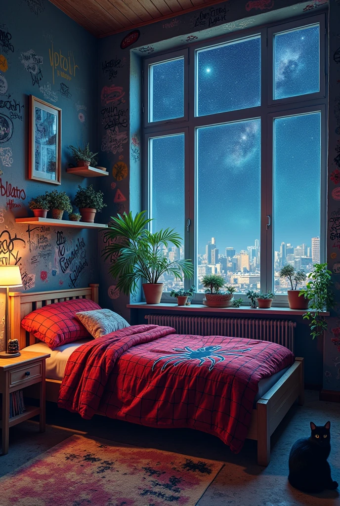 Large room with a view of the stars, walls with graffiti , spiderman's bed, a shelf of axolotls and a black cat