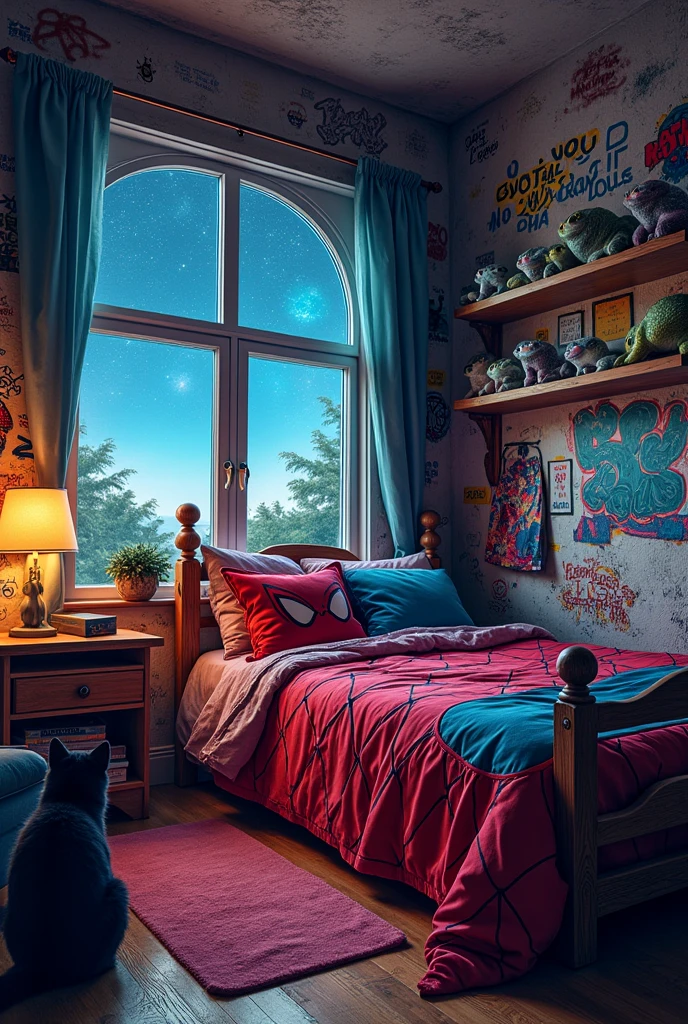 Large room with a view of the stars, walls with graffiti , spiderman's bed, a shelf of axolotls and a black cat