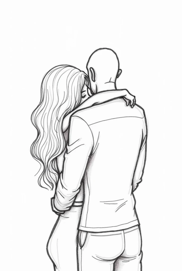Black and white drawing of a bald father with short hair hugging his long wavy haired daughter (just their outline without details)
