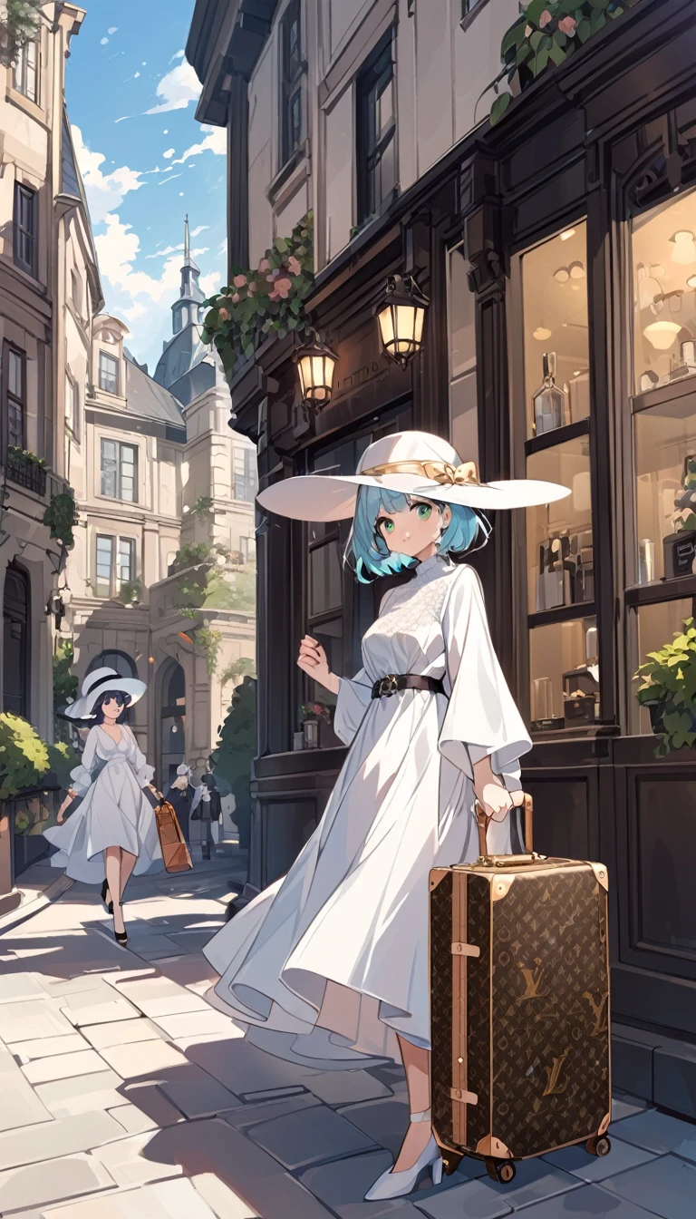 Light blue hair、Short Bob、Deep green eyes、Age 25、cute white dress、High heels、Louis Vuitton suitcases、Wide-brimmed hat、、European cityscape、Walking、looking outside