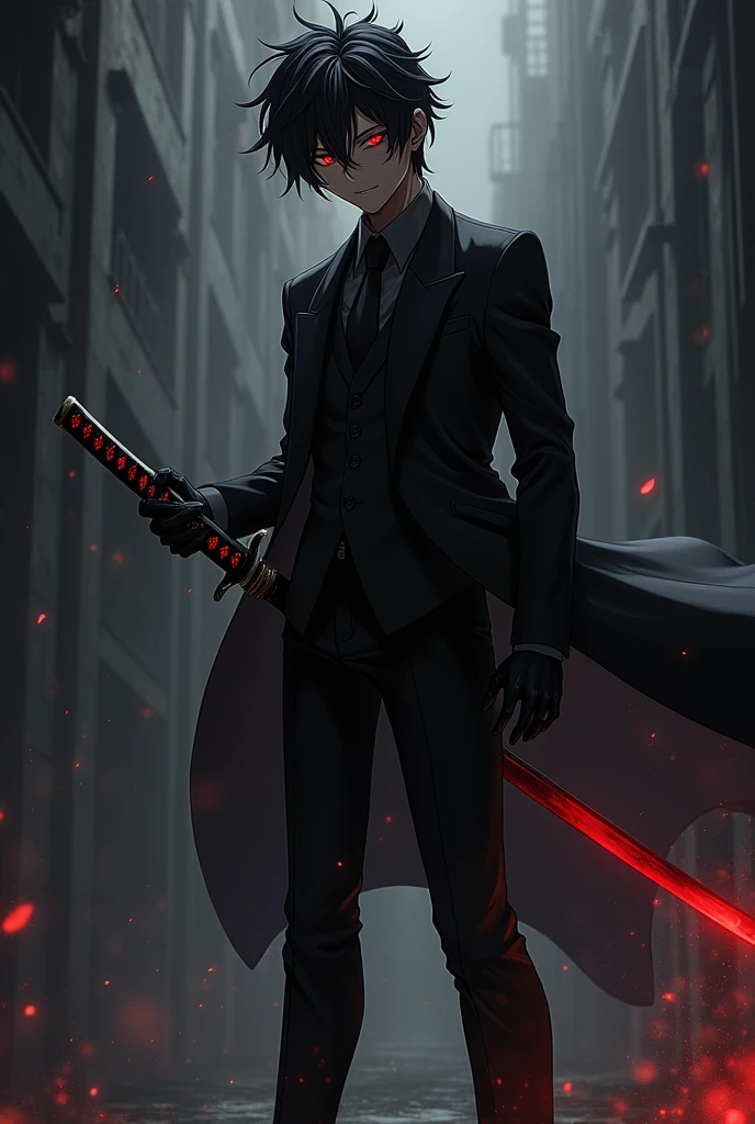 An anime character that has Dazai-style hair with a black suit, black pants, black shoes, red eyes, a black and red katana, and a demonic smile.