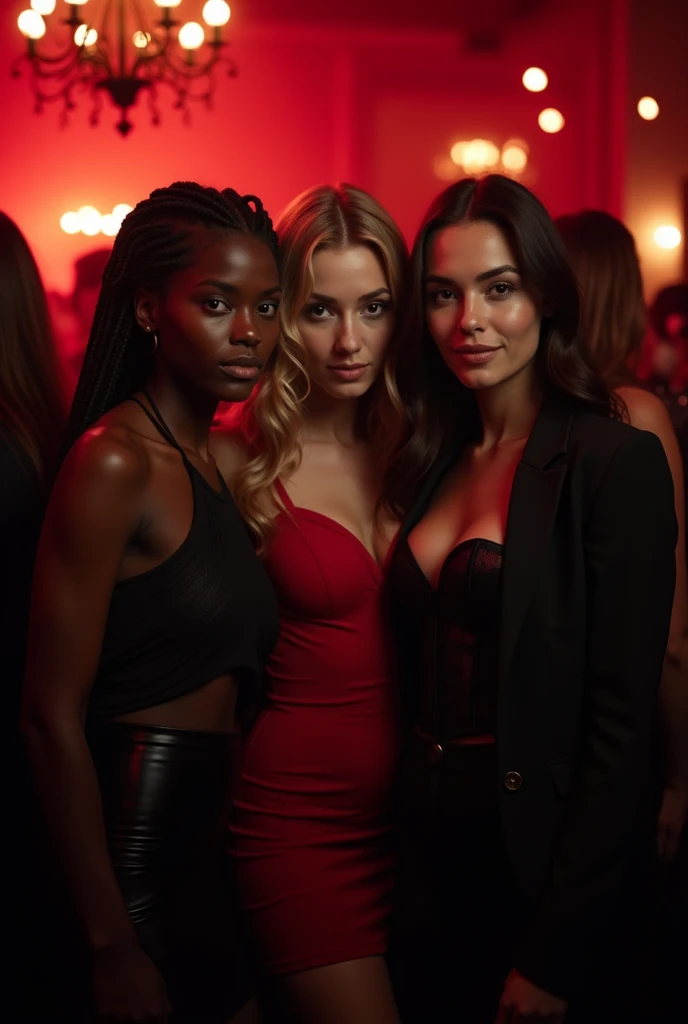 Here is a detailed description for the image: Three women are in the spotlight, similar in appearance to the photos you provided. They are at a party with a predominantly black and red background., with subtle lighting to highlight the sophisticated nocturnal atmosphere. Ao fundo, there are other people visible, but blurred, to keep the main focus on the three women. 1. The first woman, with dark skin and braided hair that falls to the side, wears a stylish top and a high-waisted skirt, in dark tones. 2. The second woman, with fair skin and curly blonde hair, wears a red dress with a black jacket 3. The third woman, with olive skin and straight, dark brown hair, wears a black corset, combined with a long skirt or pants that brings a touch of elegance. They all have dark brown eyes, long hair and a delicate face, Soft, all three are 20 year olds. The scenery in the background suggests a sophisticated party, with diffused lights and an elegant atmosphere, where red and black tones predominate in the decoration.
