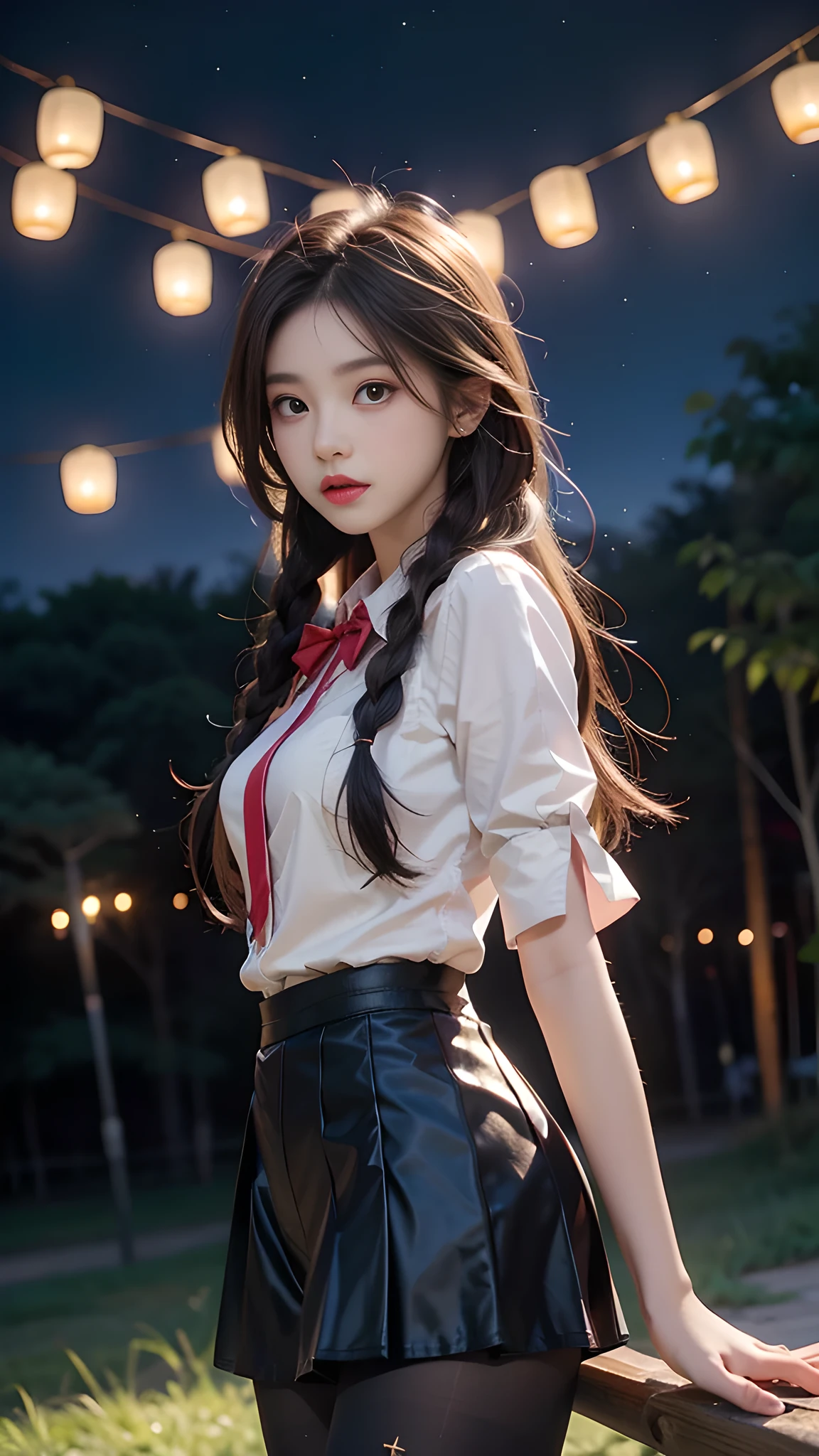 ulzzang-6500-v1.1, (RAW photo: 1.2), (Real photo), (Real photo: 1.4), 1 girl、Perfect anatomy、19 years old、Looking at the camera、Medium length hair、side braids, uniform short skirt, in a surreal royal garden, with many hanging lanterns, under the starry night sky, ((starry night: 1.1))、(Surreal tights: 1.2), (Business service)、Asian eyes Ella,