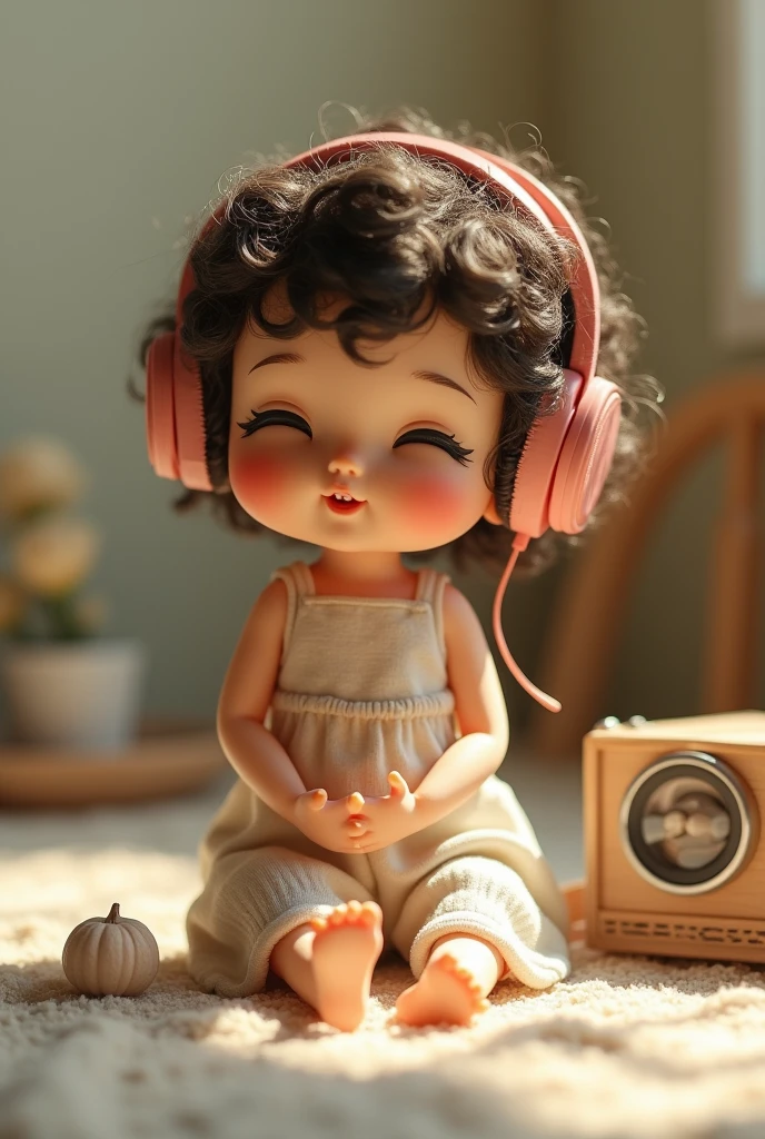 Create an image, short curly hair doll, Caucasian skin, listening to music.