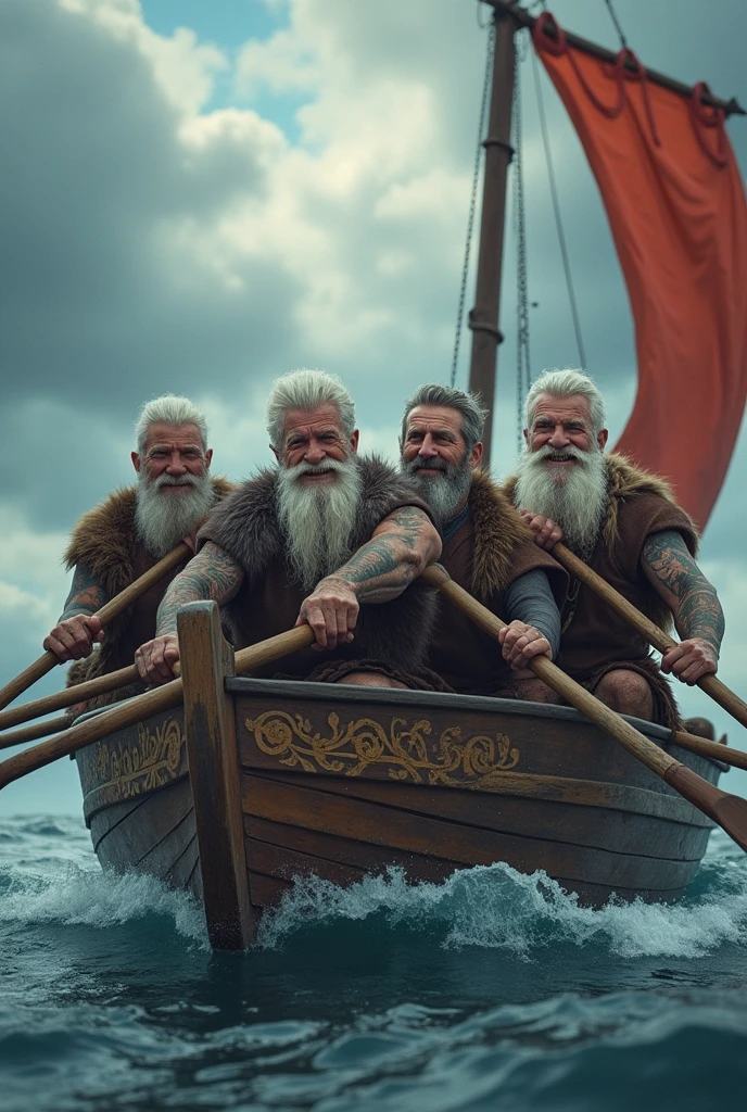 Four men rowing together looking gay and elderly Vikings