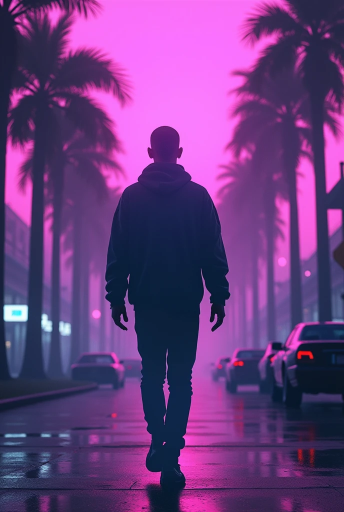 Male human figure as if it were a shadow walking through Los Angeles 1995 between palm trees with a purple vaporwave background and above it says 90s