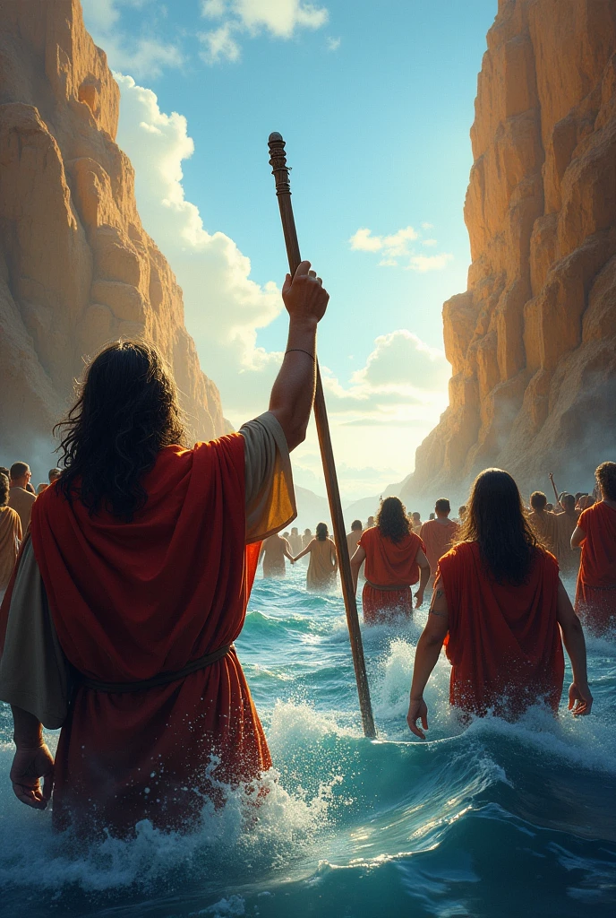  "Moses raising his staff as the Red Sea parts, walls of water on either side, Hebrews crossing with expressions of hope and relief, clear sky symbolizing liberation, 16:9 --v 6"