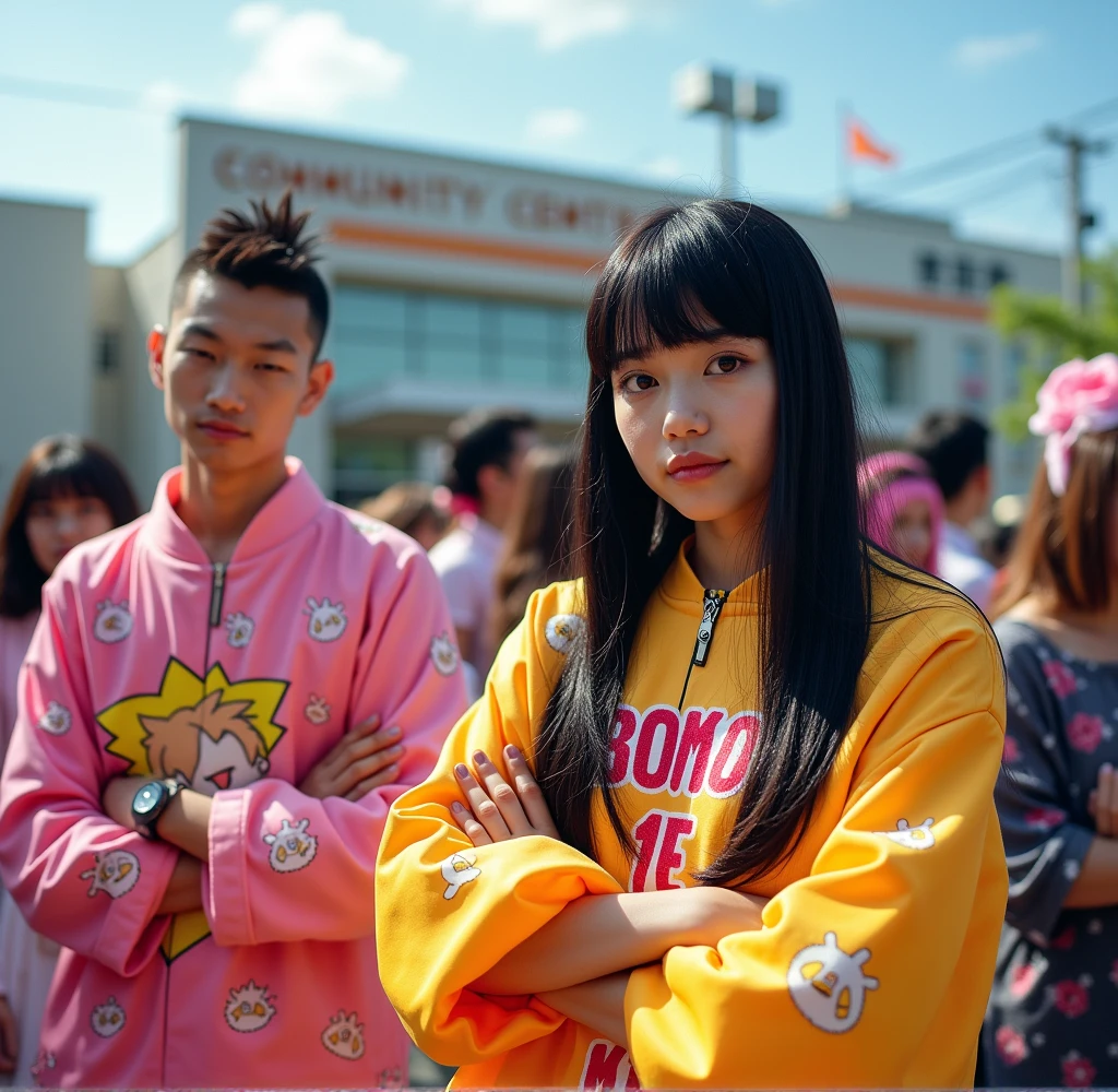 once、It was called the land of carnage.「Hakata, Fukuoka Prefecture」In front of the community center。　Young people wearing very flashy costumes with Chinese characters written on their backs,、Dye your hair golden、Dye it in pink or other colors、A young man with an extremely large pompadour and slicked-back hairstyle is in the background。　The girl is in her school uniform、The hair is long and straight and black、Rin and arms folded、He is glaring at me.、Her sparkling eyes, still young, reflected the summer sun.。(photography)（professional lighting）retina, anatomically correct, ccurate, textured skin, super detail, high quality, high details, award winning, best quality, highres, 1080P, HD, 4K, 8k