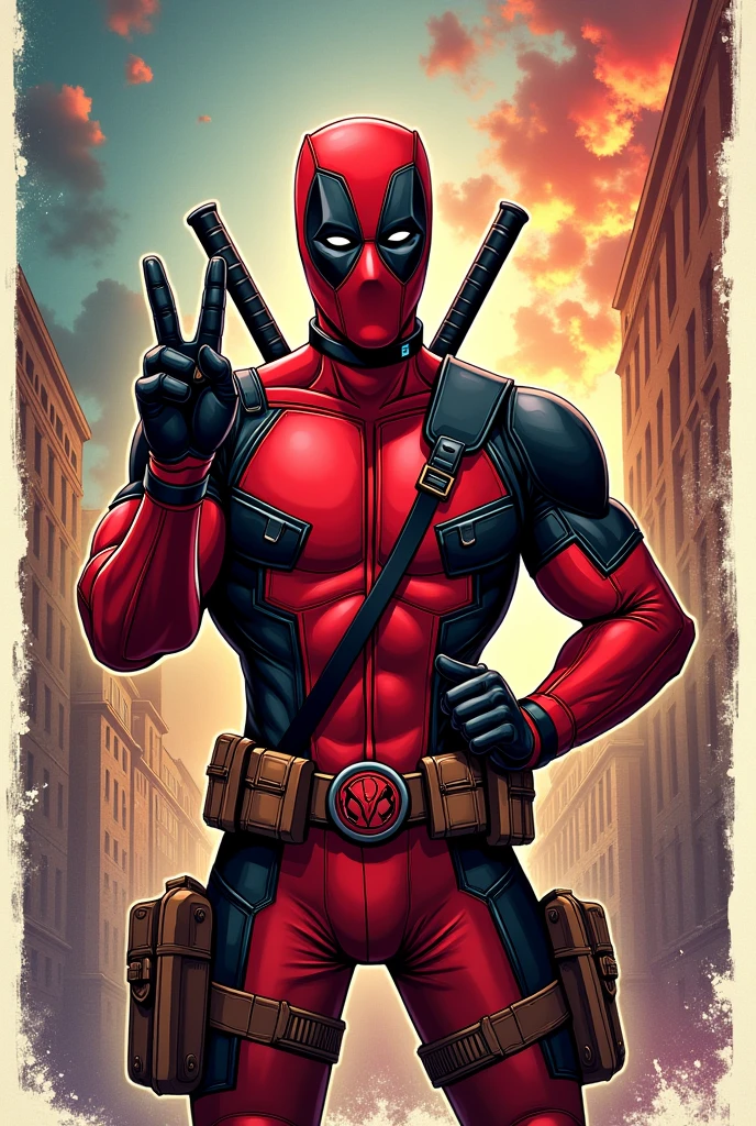 Marvel panel comic drawing, Deadpool posing with peace sign on his fingers