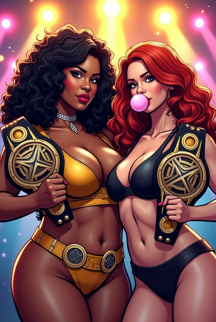 70's curvy plus size black woman Kellyprice wrestler in gold crop top and a 70's wavy redhead Caucasian hippie wrestler popping bubble gum posing together with their gold belts with disco ball lights background comic art style