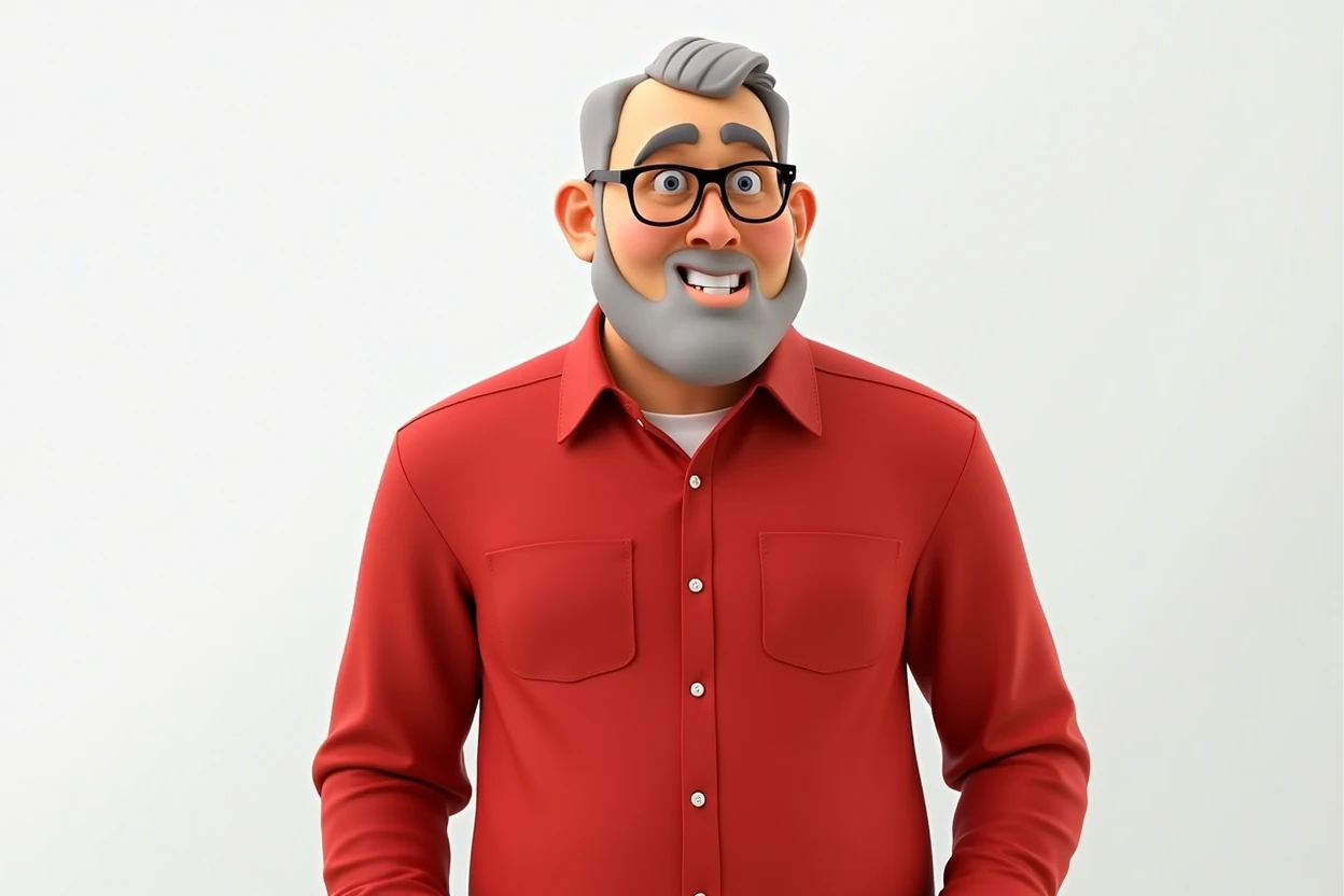 Cartoon character of a man in black glasses and blue shirt, an animated character, stylized character, animation style rendering, 3d stylized, Arnold Maya rendering, Stylized 3D rendering, toon render screenshot, 3d character, 3d character, Stylized 3D rendering, 3D character rendering, cartoon character, Personagem de close up, character posing, (Pixar-style) (master part:1.2) (bokeh) (best qualityer) (skin detailed) (detailed texture) (8k) (Argilla) (cinematic lighting) (sharp focus，Sit down and lift your upper body