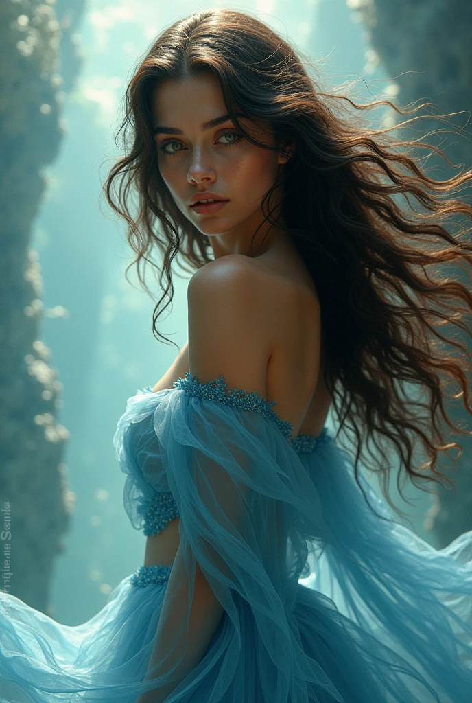 Mar, Goddess, beautiful woman, long hair brunette, pieces, force, can, smile, light blue dress, iemanja, umbanda