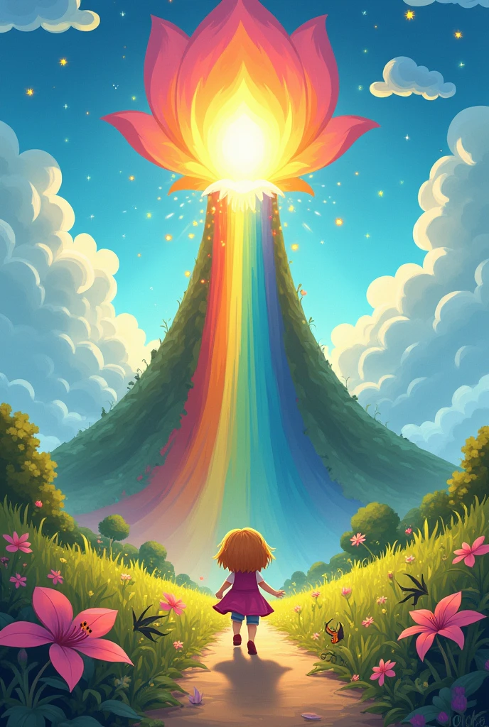 Cartoon style drawing of A arriving at a hill that appears to touch the sky. At the top, a rainbow descends to the ground, and in the center of the rainbow, the lost flower shines brightly, reflecting all the colors.