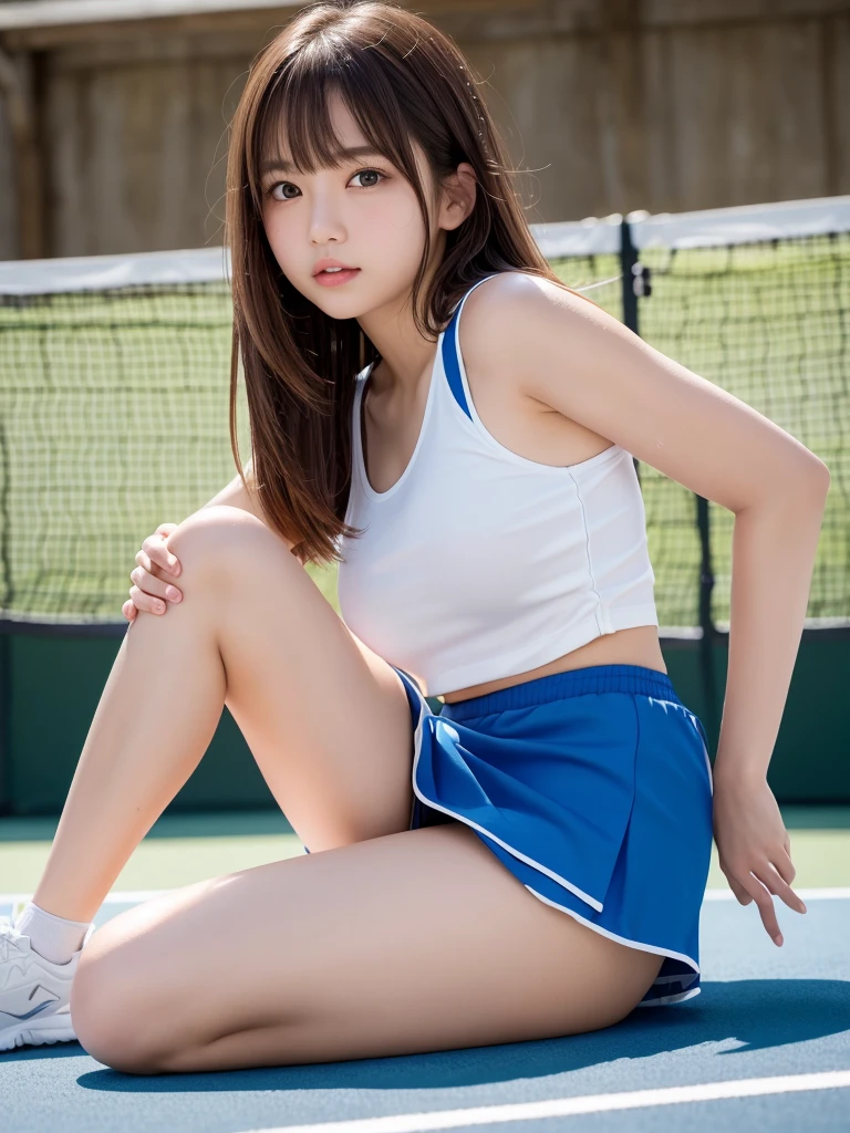 Product quality,1 girl,Cowboy Shot,Front view,Thigh Emphasis,(Knee-deep shots:1.3),Young and sexy Japanese girl,18-year-old,Tennis court,Wearing stylish blue tennis wear,(White ultra short micro pleated mini skirt),wear,No underwear,((Small Head,face:0.4))超かわいいface,赤ちゃんのface,Glossy Lips,Big eyes,Double eyelids on both eyes,(Natural Makeup),Brown eyes,Small and cute nose,shiny smooth light brown hair with long hair,,Asymmetrical bangs,Center image,8k resolution,Attention to detail,Detailed hairstyle,詳細なface,Cinema Lighting,Octane Rendering,Ultra-realistic,Perfect limbs,Voluptuous thighs,Huge breasts, Soft Skin,(Glowing Skin, Sweaty: 1.3), Spread your legs,Provocative dynamic pose,Skirt flip,nsfw,(spread pussy:1.3)