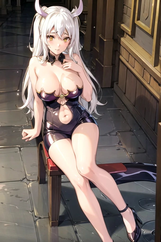 1 Girl, Succubu, demon, sexy, White hair, golden and yellow eyes at the same time, Hermosa, Sitting on a throne, beautiful and divine palace