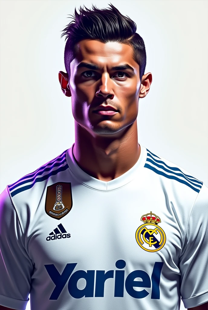 Cristiano Ronaldo with the Real Madrid shirt in the background and with the word Yariel written in blue