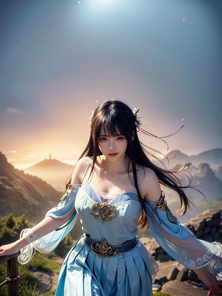 head shot,beautiful detailed eyes, droppy eyes,beautiful detailed lips, extremely detailed eyes and face, long eyelashes, 1 japanese girl, fantasy character, (Final Fantasy, yuuna),smile,short hair,elegant white dress,break, blue long skirt,break,magical girl, highly detailed, fantasy landscape, dramatic lighting, glowing effects, mist, intricate details, volumetric lighting, cinematic composition, hyper realistic, 8k, best quality, masterpiece, photorealistic,Highres fix