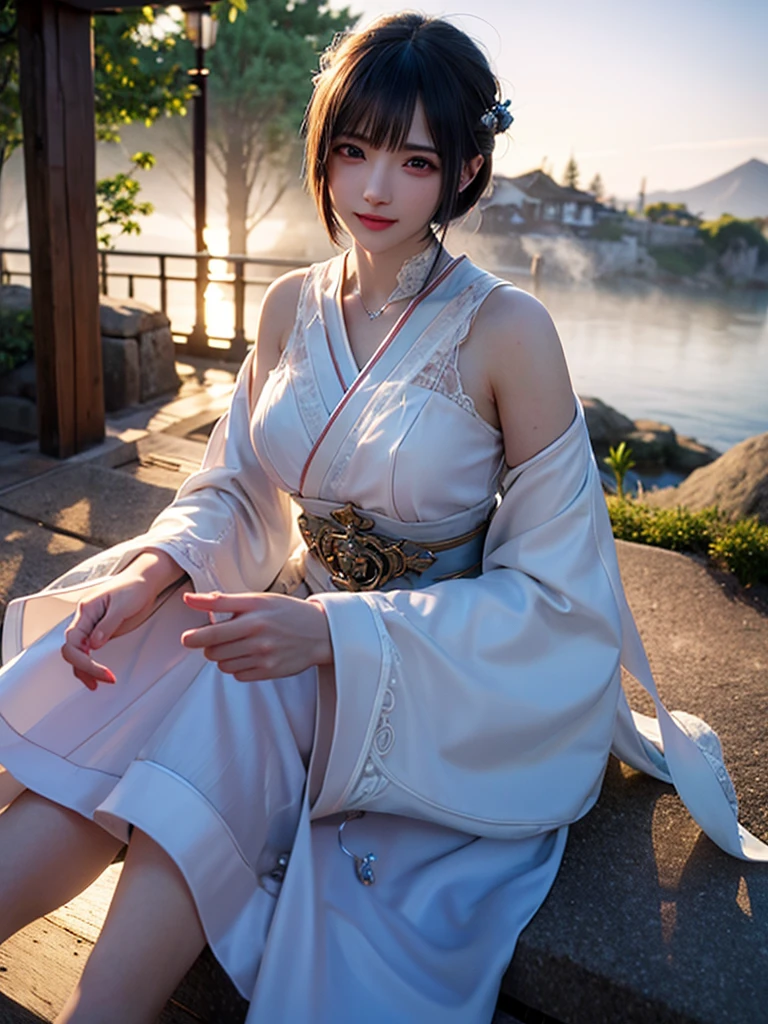 head shot,beautiful detailed eyes, droppy eyes,beautiful detailed lips, extremely detailed eyes and face, long eyelashes, 1 japanese girl, fantasy character, (Final Fantasy, yuuna),smile,short hair,elegant white dress,break, blue long skirt,break,magical girl, highly detailed, fantasy landscape, dramatic lighting, glowing effects, mist, intricate details, volumetric lighting, cinematic composition, hyper realistic, 8k, best quality, masterpiece, photorealistic,Highres fix