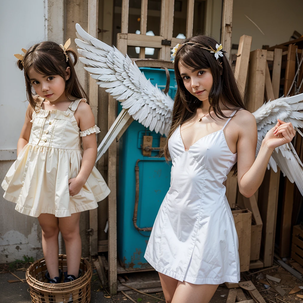 Girl with an angel cosplay, made from recycled materials