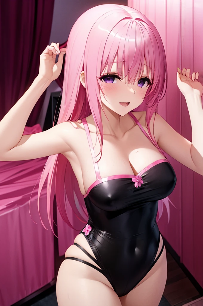 erotic、To Love-Ru　peach、Pink Hair、tall、 mature, Married women, Pale pink and black sparkly sequin dress、Off the shoulder、邪evilな女戦闘員, Pink and black background, Pitch-dark bedroom, Dark Theme, evil, lure, excited, Condescending contempt, Lightly open your mouth、Sexy pose, Upper Body,