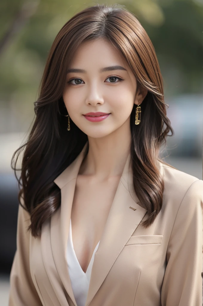Tabletop、Highest quality、Genuine、Very detailed、finely、High resolution、8k wallpaper、One beautiful woman、、、light brown disheveled hair、Wear a business suit、Sharp focus、Perfect dynamic composition、Beautiful and detailed、Thin Hair、詳細なGenuineな肌の質感、smile、Close-up portrait、Model body type