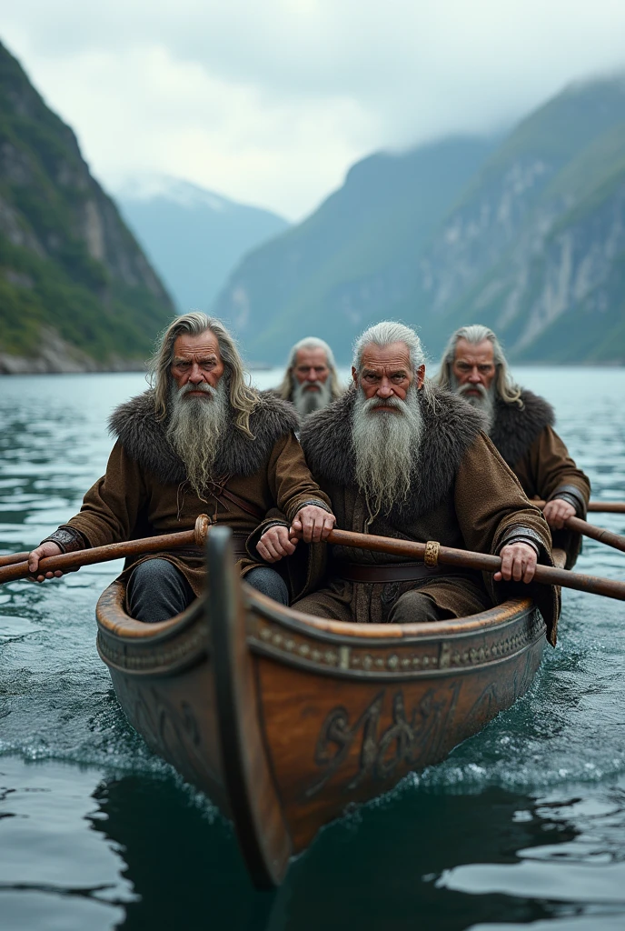 Four men rowing together looking gay and elderly Vikings, in a long rowing boat