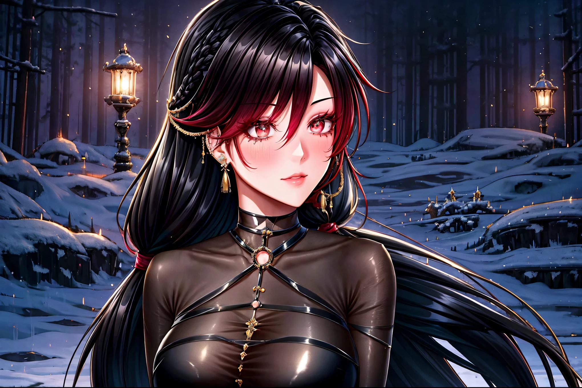 shoujo style, frosty style, (romantic manhwa), 1 girl, black hair, solo, long braided hair, long braid, dress, gloves, long sleeves, choker, red-cyclamen eyes, mascara, makeup, elbow gloves, bra, jewelry, many ear piercings, peepers, collarbones, gold accessories, upper body, parted bangs, braided hair, side braids, black dress, frilly, bangs, closed mouth, outdoors, detailed eyes, dynamic cut,